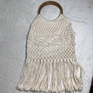 Boho Cream Macrame Fringe Tote Bag Wood Ring Handles 13538-057-W Open Knit